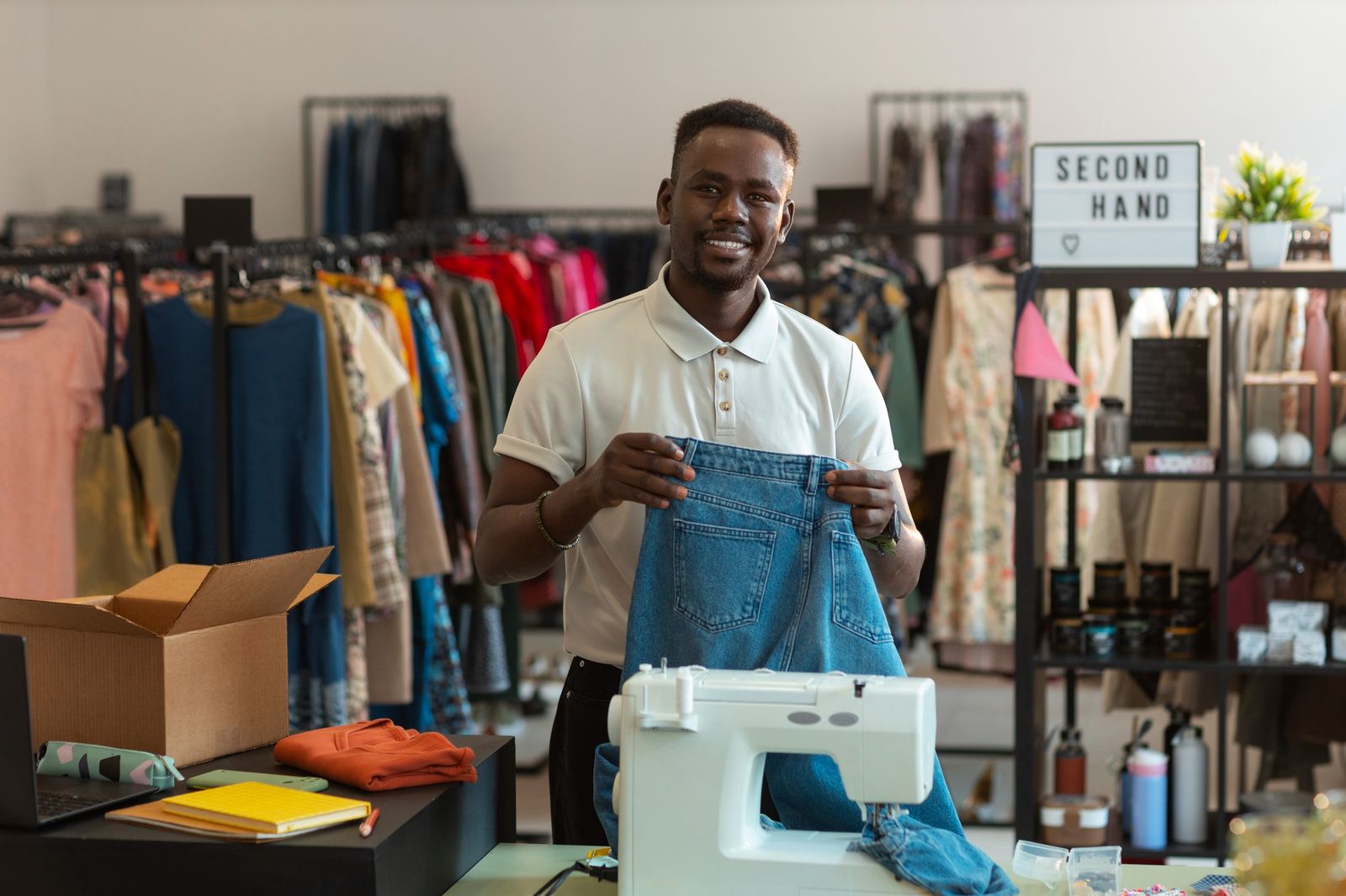 Medium shot man repairing fashion goods